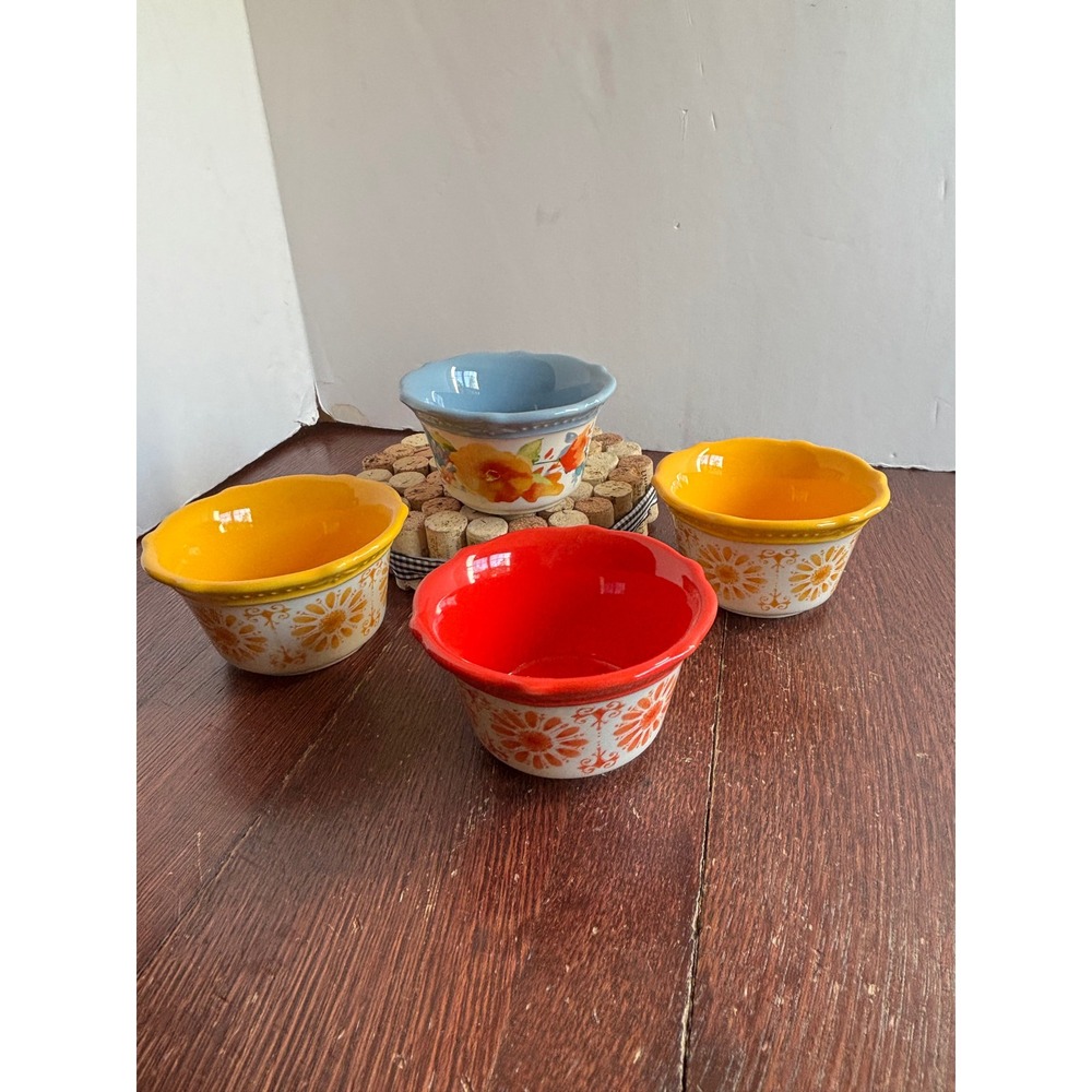The Pioneer Woman Stoneware Ramekin Set of 4 Floral Scalloped Prep Bowls Multi
